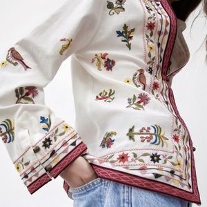 Zara Embroidered Linen Blend Floral Bird Jacket Shirt